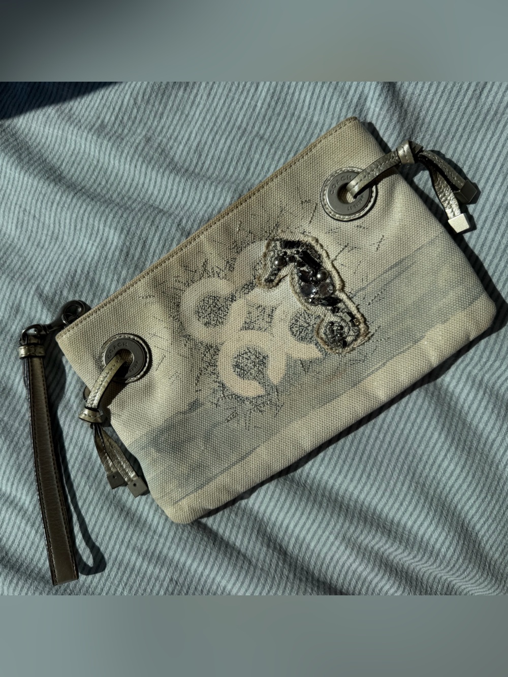 RARE Coach Cream Canvas Wristlet with Embellished Logo Accent